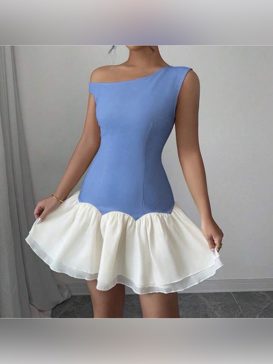 SHEIN Dresses & Skirts - Blue & White Colorblock Fit & Flare Mini Coquette Balletcore Off Shoulder Ruffle